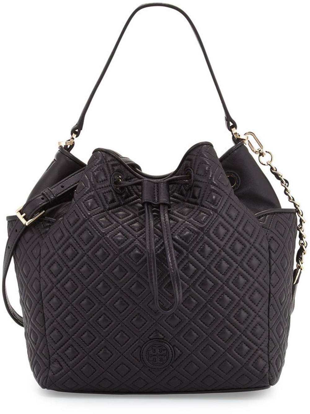 Tory Burch Black Marion Quilted Drawstring Bucket Bag